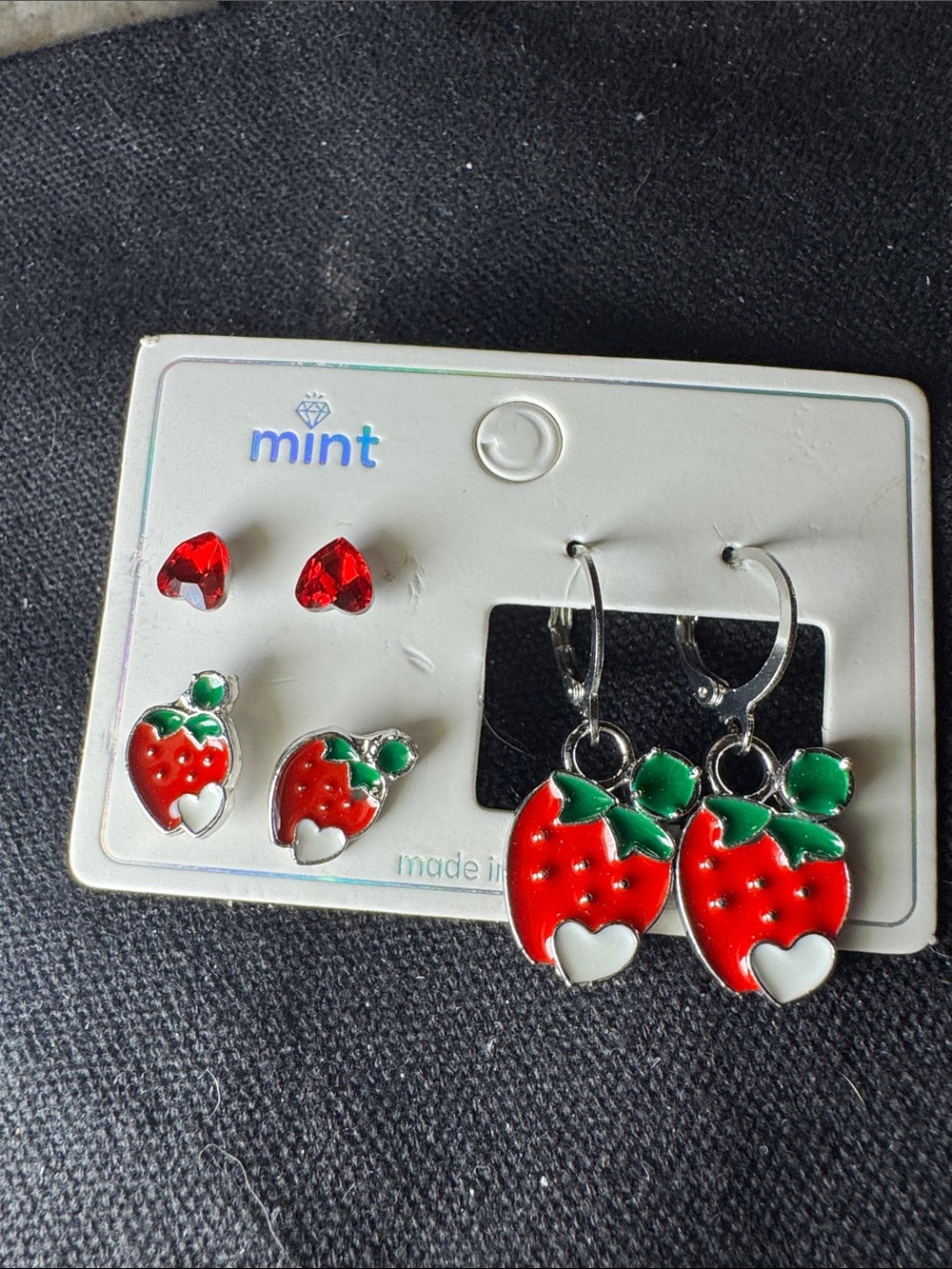 ★ Mint Strawberry Earring Set Heart Gem Studs & Strawberry Hoops - Picture 2 of 4